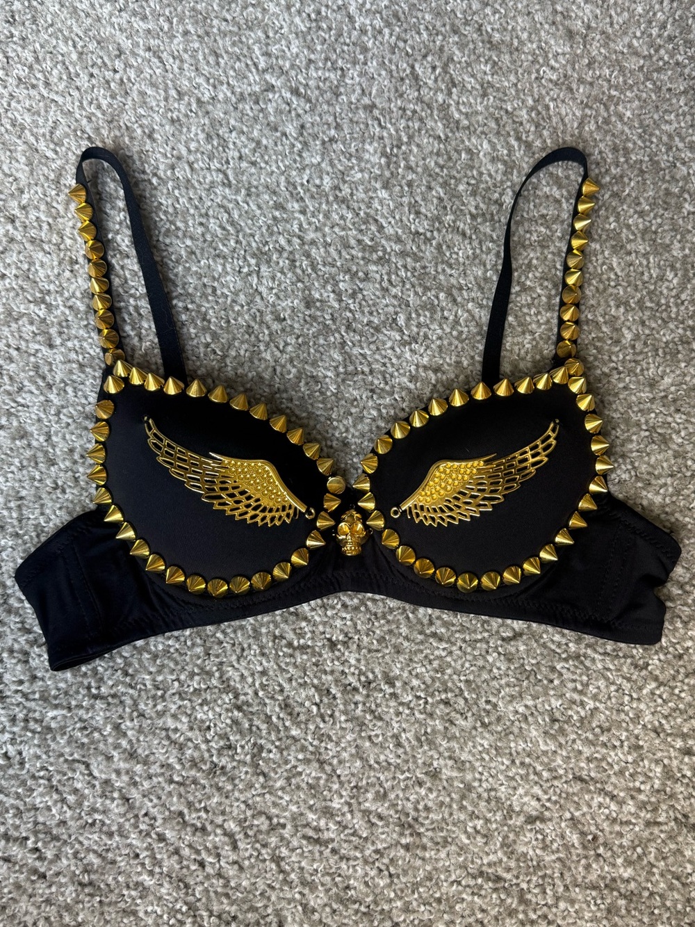 Black Bra with Gold Wing Appliqué and Stud Trim